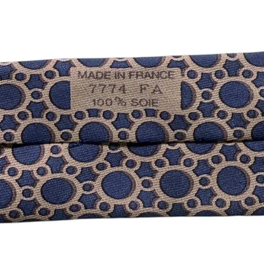 Hermes Paris Tie 7774 FA Blue Beige Circle Geometric Print 100% Silk France - Picture 3 of 6